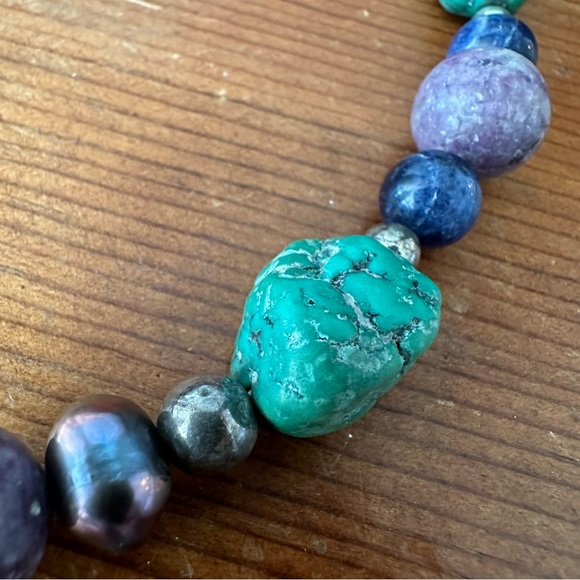 Chunky Turquoise Pearl Lapis Lazuli Natural Gemstone Peacock Choker Necklace - Picture 14 of 16